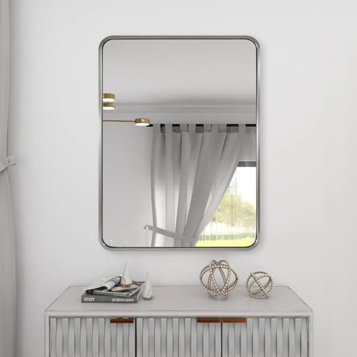 ANDY STAR Brushed Nickel Bathroom Mirror, 40”X30” Satin Nickel Mirror for Vanity, Rounded Rectangle Mirrors in SUS304 Anti-Rust Tube Metal Frame, Wall Mounted Horizontal/Vertical 1’’ Deep | Amazon (US)