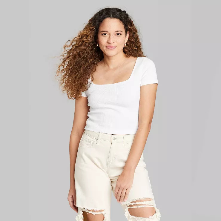 Women's Short Sleeve Rib Fitted Square Neck Baby T-Shirt - Wild Fable™ | Target