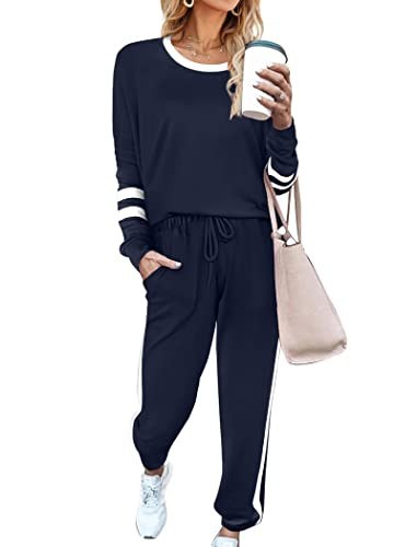 Aloodor Womens Sets 2 Piece Outfits Color Block Loungewear for Women Sets Deep Blue M | Amazon (US)
