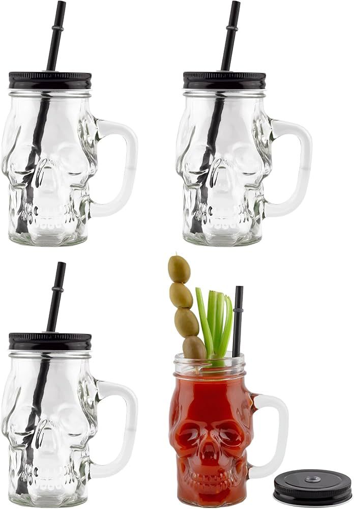 Darware Skull Mason Jar Mugs (Set of 4); Clear 12oz Glasses with Reusable Straws | Amazon (US)