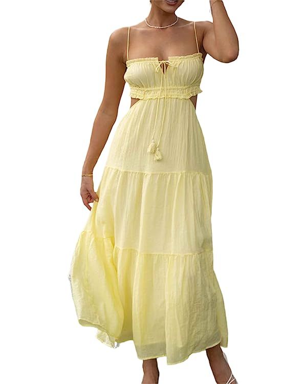 Women Y2k Bodycon Long Dress Spaghetti Strap Low Cut Dress Sexy Backless High Split Maxi Dress Cl... | Amazon (US)