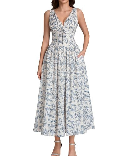 GLNEGE Womens Corset Wedding Guest Midi Dress Summer Floral Tea Party Flowy Dress V Neck Milkmaid Sundress with Pockets 2026 Bluefloral | Amazon (US)
