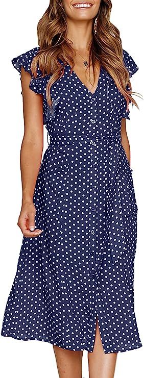 MITILLY Women's Summer Boho Polka Dot Sleeveless V Neck Swing Midi Dress with Pockets | Amazon (US)