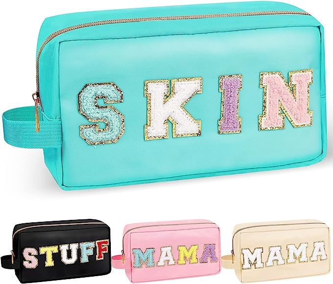 Chenille Letter Makeup Bag Skin Pouch, Nylon Preppy Patch Makeup Bag Small Travel Makeup Zipper P... | Amazon (US)