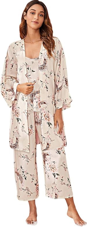 Women's Sleepwear Floral Print Cami Top Pajama Set with Robe | Amazon (US)
