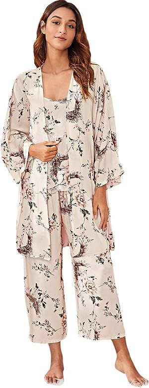 Women's Sleepwear Floral Print Cami Top Pajama Set with Robe | Amazon (US)