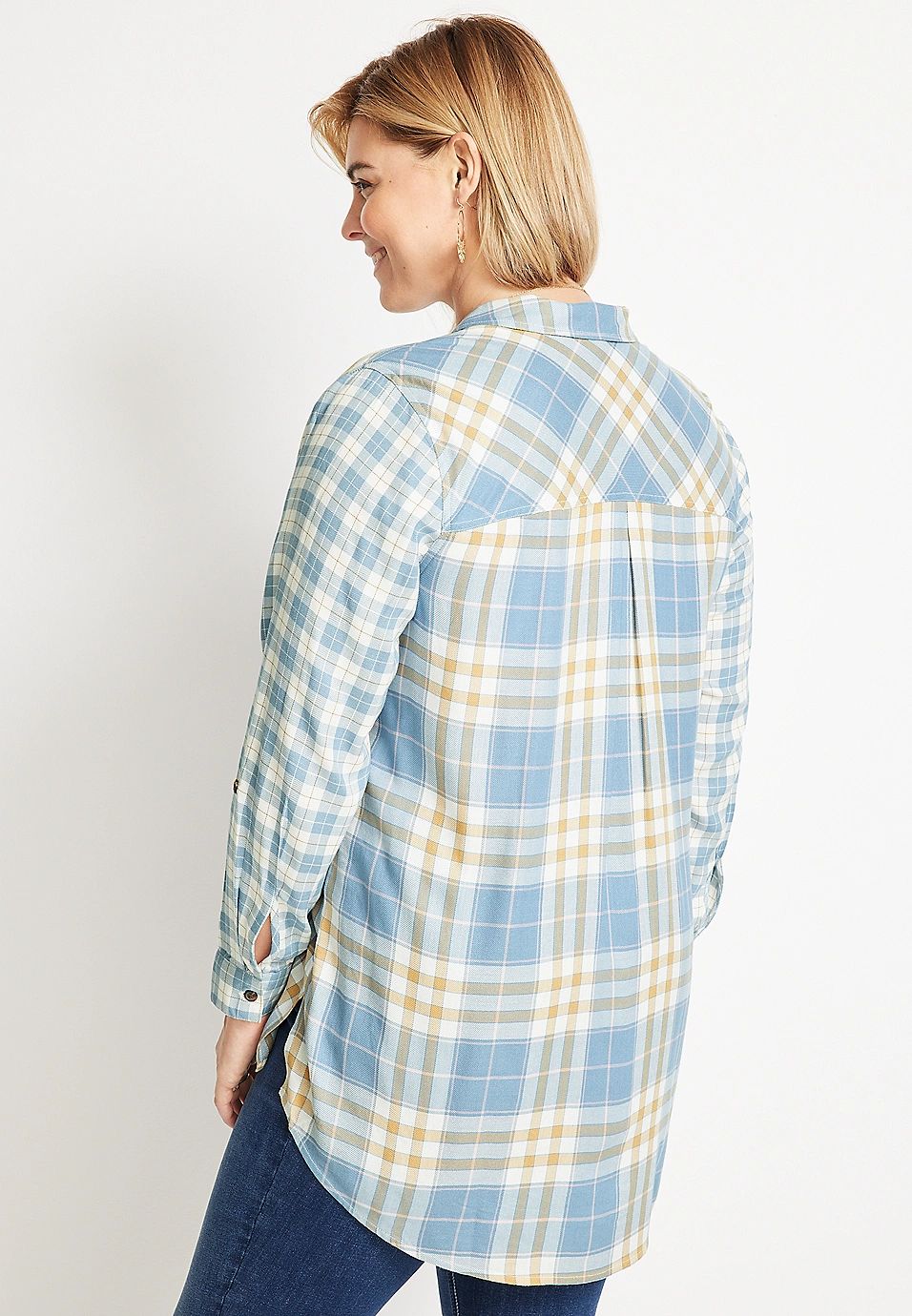Plus Size Cabin Plaid High Low Tunic Button Down Shirt | Maurices