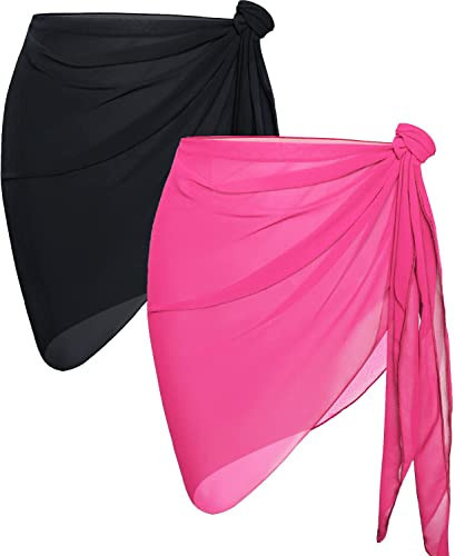 2 Pieces Sarong Cover Ups for Women Beach Bathing Suit Wrap Sheer Short Skirt Bikini Chiffon Scarf for Swimwear (Light Pink and Black) | Amazon (US)