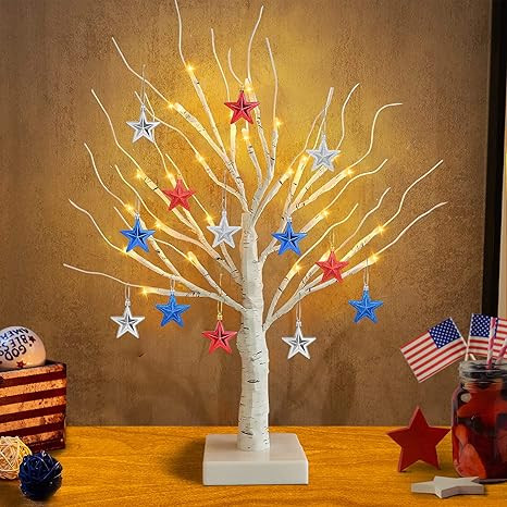 4th of July Patriotic Decorations, 18IN 24LED Lighted Tree with 12 Stars, USB/Battery Operated Li... | Amazon (US)