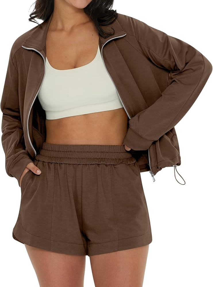 DEEP SELF Women 2 Piece Outfits Sweatsuit Casual Long Sleeve Zip Up Top and Shorts Pajamas Tacksu... | Amazon (US)