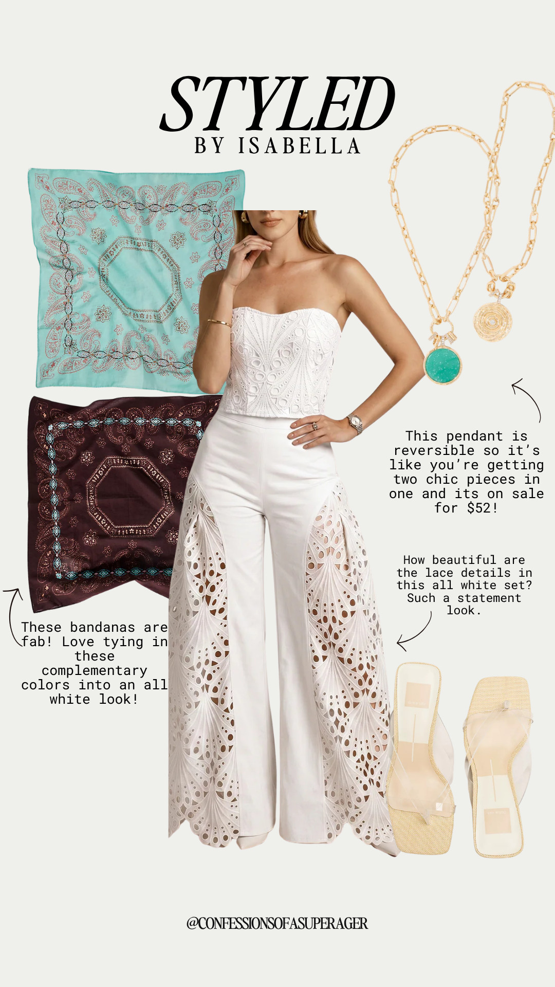 An all-white statement outfit never goes out of style 🤍 This stunning lace-detailed matching set is the perfect blend of elegant, modern, and vacation-ready. Styled with chic transparent sandals, a reversible pendant necklace, and colorful silk bandanas for the perfect pop of color, this look is ideal for summer parties, resort wear, bridal events, vacation dinners, and elevated warm-weather style. Save this outfit for your next special occasion and shop the full look now on LTK! ✨ 

 #AllWhiteOutfit #SummerStyle #ResortWear #VacationOutfit #WhiteSet #LaceDetails #BridalStyle #VacationFashion #LuxuryStyle #ChicFashion #SummerPartyOutfit #StatementStyle #ElegantOutfit #NeutralStyle #FashionOver40 #Over50Style #LTKStyle #LTKFinds #TimelessFashion #ConfessionsOfASuperager

#LTKootd #LTKSeasonal #LTKSaleAlert