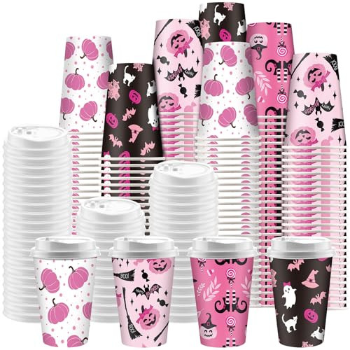 Mimorou 100 Pcs Halloween Disposable Coffee Cups with Lids 12 oz Pink Paper Ghost Pumpkin Witch Bat Cups Cute Pink Halloween Party Decoration Supplies for Coffee Hot Drinking Beverage | Amazon (US)