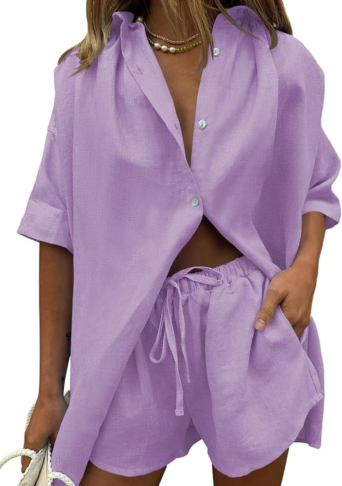 Fixmatti Women 2 Piece Outfits Long Sleeve Button Down Blouse and Shorts Sweatsuit Sets | Amazon (US)