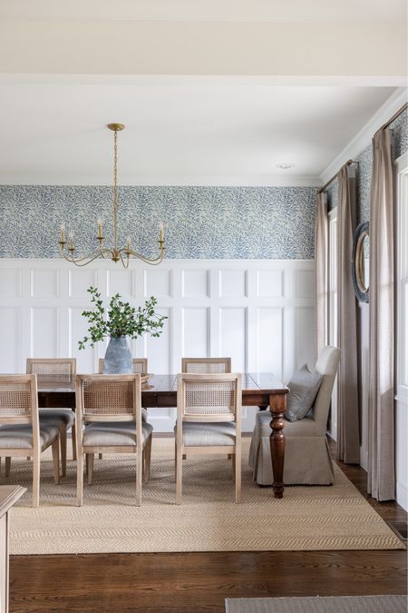 Dining room with linen pinch pleat curtains, brass chandelier, blue floral wallpaper, linen curtains

#LTKSeasonal #LTKhome