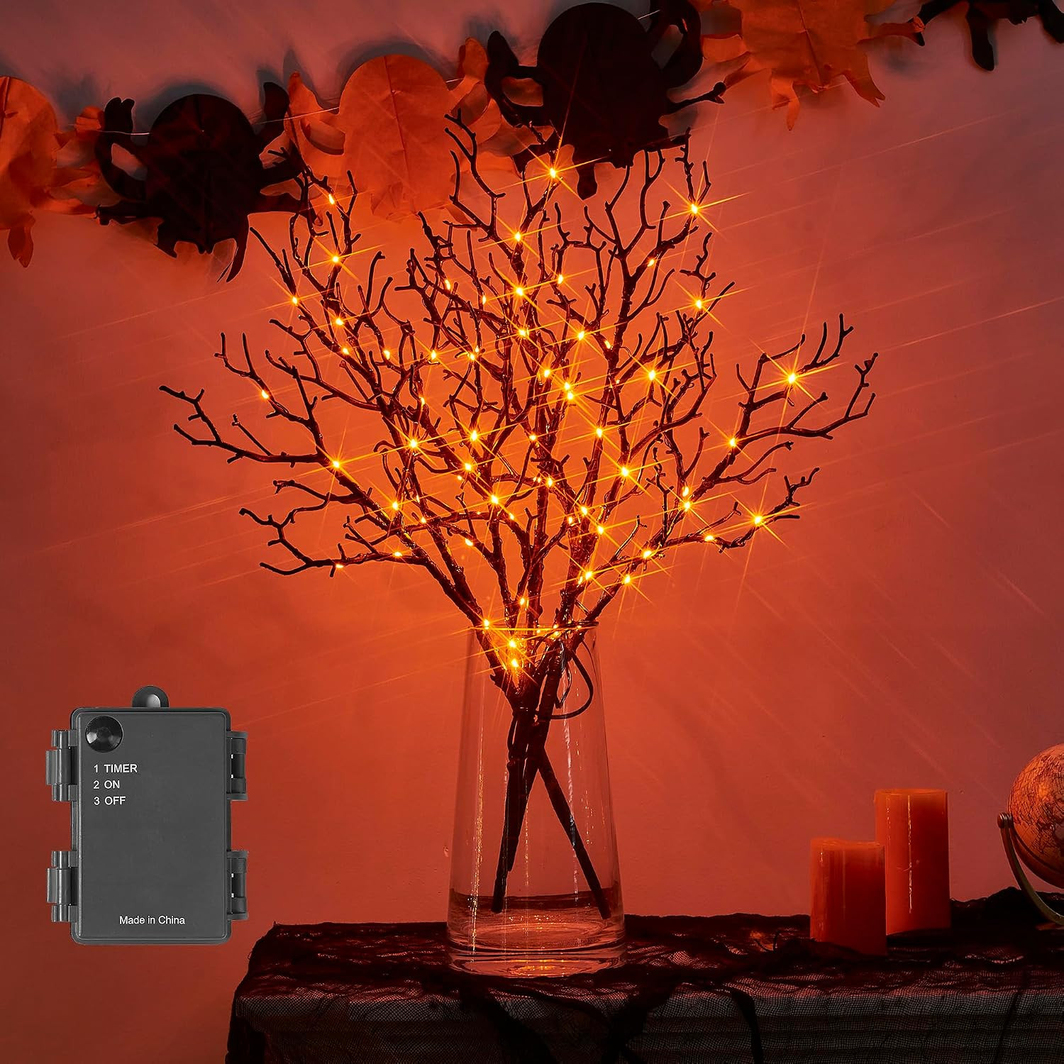 Halloween Tree Branch Lights with Timer 75 Orange Fairy Lights, Lighted Black Twig Branches Battery Operated 21IN for Fall Halloween Decor Inside Outdoor | Amazon (US)