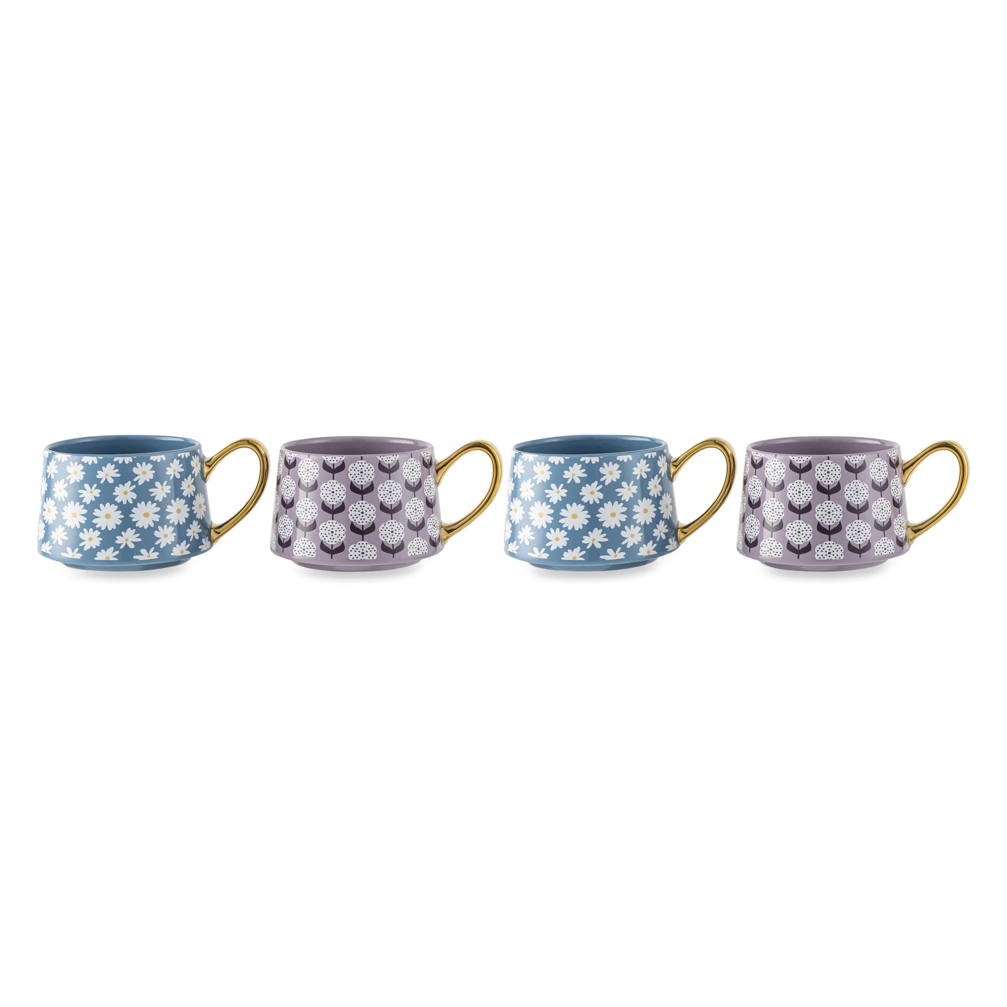 Thyme & Table 4 Pack Blue and Purple Daisy Print Teacup Mugs with Gold Handles 11.8 fl oz, Stonew... | Walmart (US)