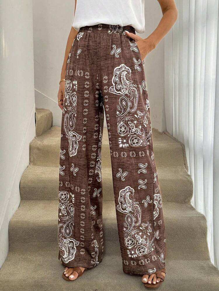 SHEIN LUNE Plus Size Paisley Print Casual Smart Casual Wide Leg Pants Vacation Brown Autumn | SHEIN