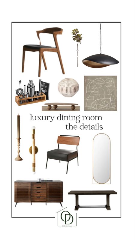 Luxury dining room Moodboard 

Moody modern organic dining room design, walnut sideboard, slatted sideboard, leather and wood dining chairs, large side chairs, gold arch full length mirror, skinny full length mirror, modern sconces, mid century modern chairs, mid century modern home design, asymmetrical pendants, large pendant light, abstract art, textured vase, wood tapered candle sticks, dark wood dining table. 

#competition 

#LTKFind #LTKhome #LTKstyletip