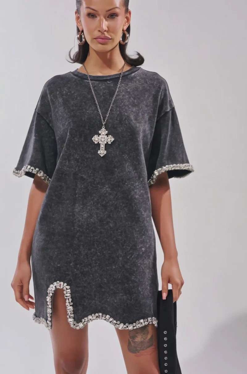 COOL GIRL EMBELLISHED TEE SHIRT DRESS IN BLACK | AKIRA