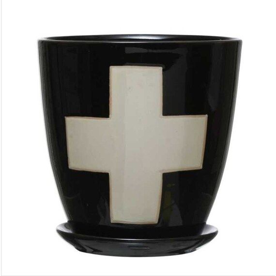 Stoneware Planter w/ Saucer & Wax Relief White Swiss Cross, Black | Etsy (US)