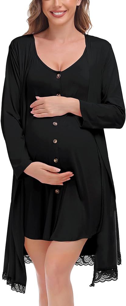 SWOMOG Womens Maternity Nursing Nightgown and Lace Robe Set 3 in 1 Labor Delivery Button Down Nur... | Amazon (US)