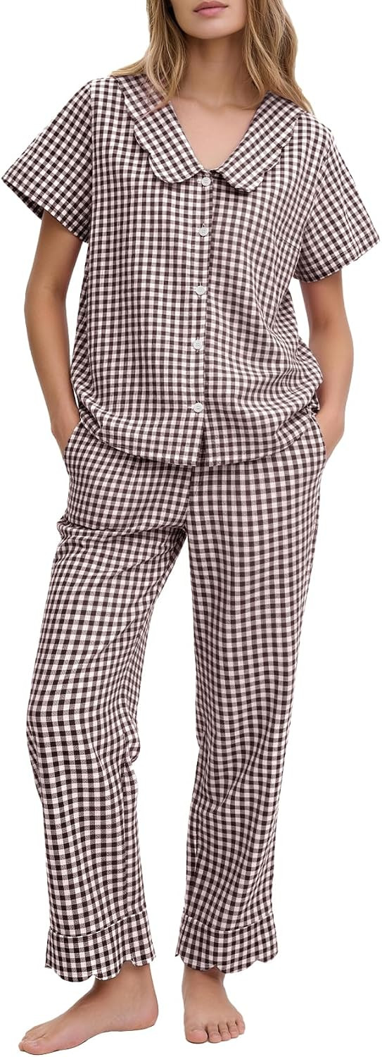 Flygo Womens Gingham Cotton Pajamas Set Babydoll Pj Pants Lounge Sets | Amazon (US)