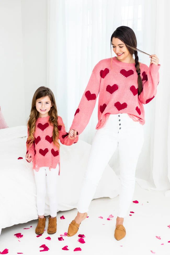Simply Sweet Kid's Distressed Heart Pink Sweater | The Pink Lily Boutique