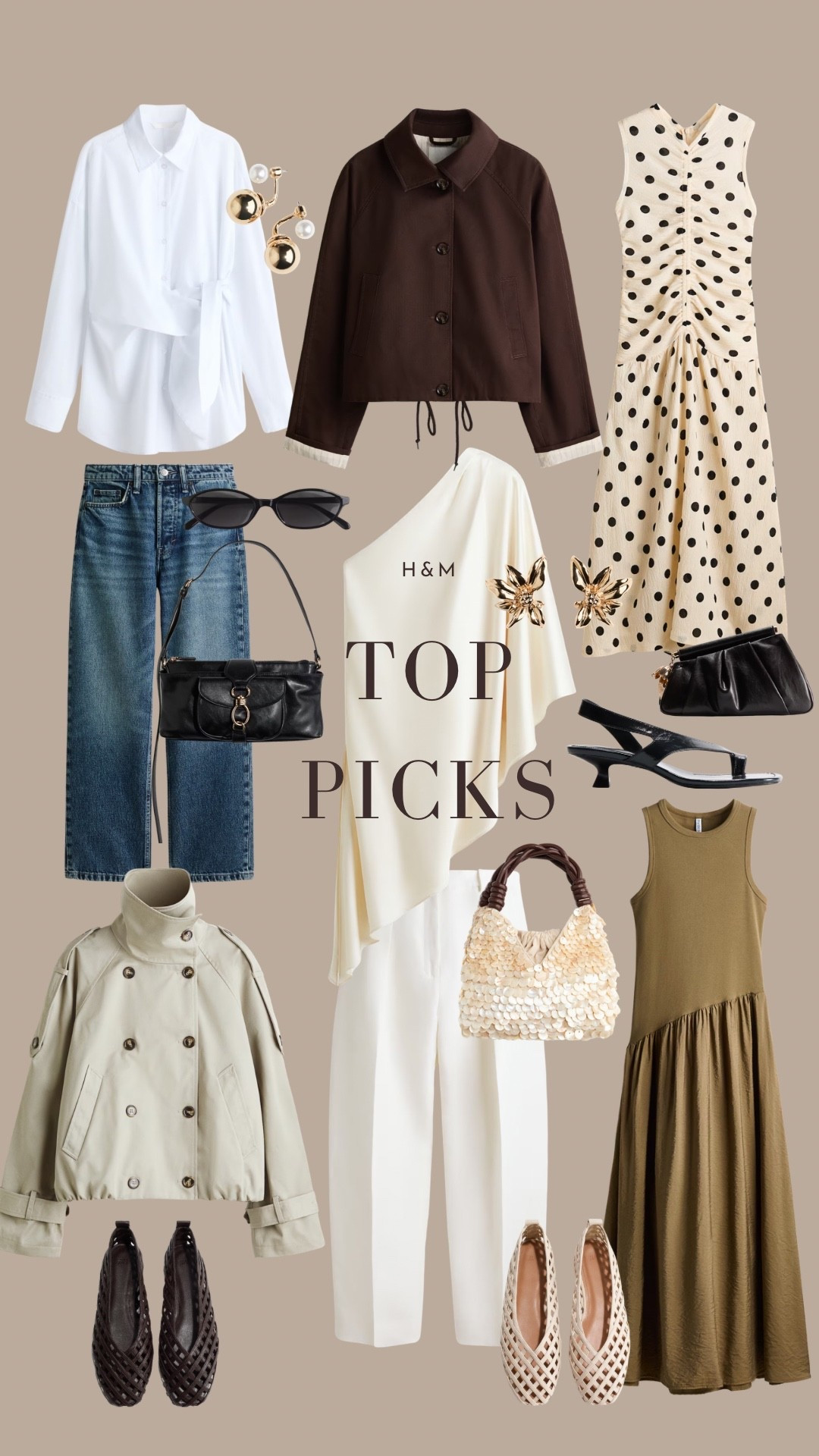 H&M top picks 🤎 

White shirt, straight leg jeans, cape top, polka dot dress, short trench coat, brown jacket, spring summer wardrobe 

#LTKuk #LTKstyletip #LTKspring