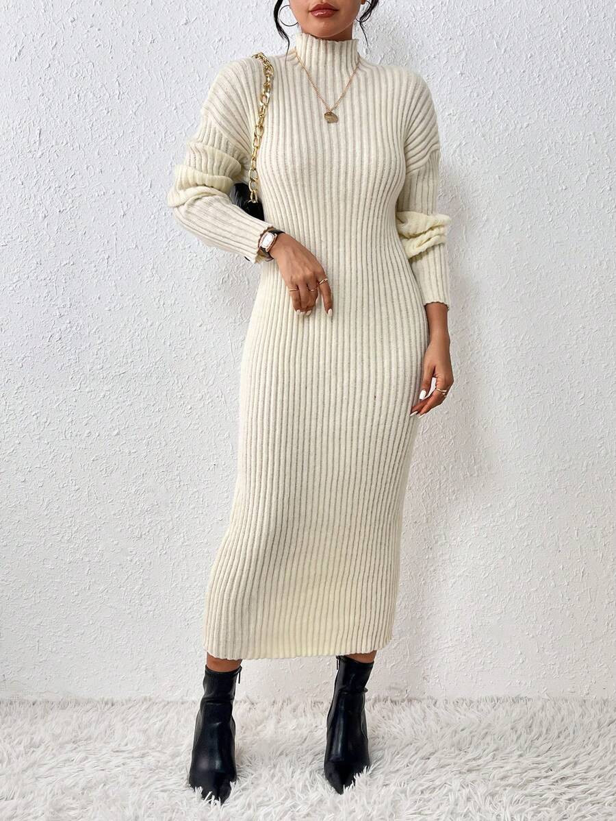 SHEIN Privé Stand Collar Drop Shoulder Sleeve Sweater Dress | SHEIN