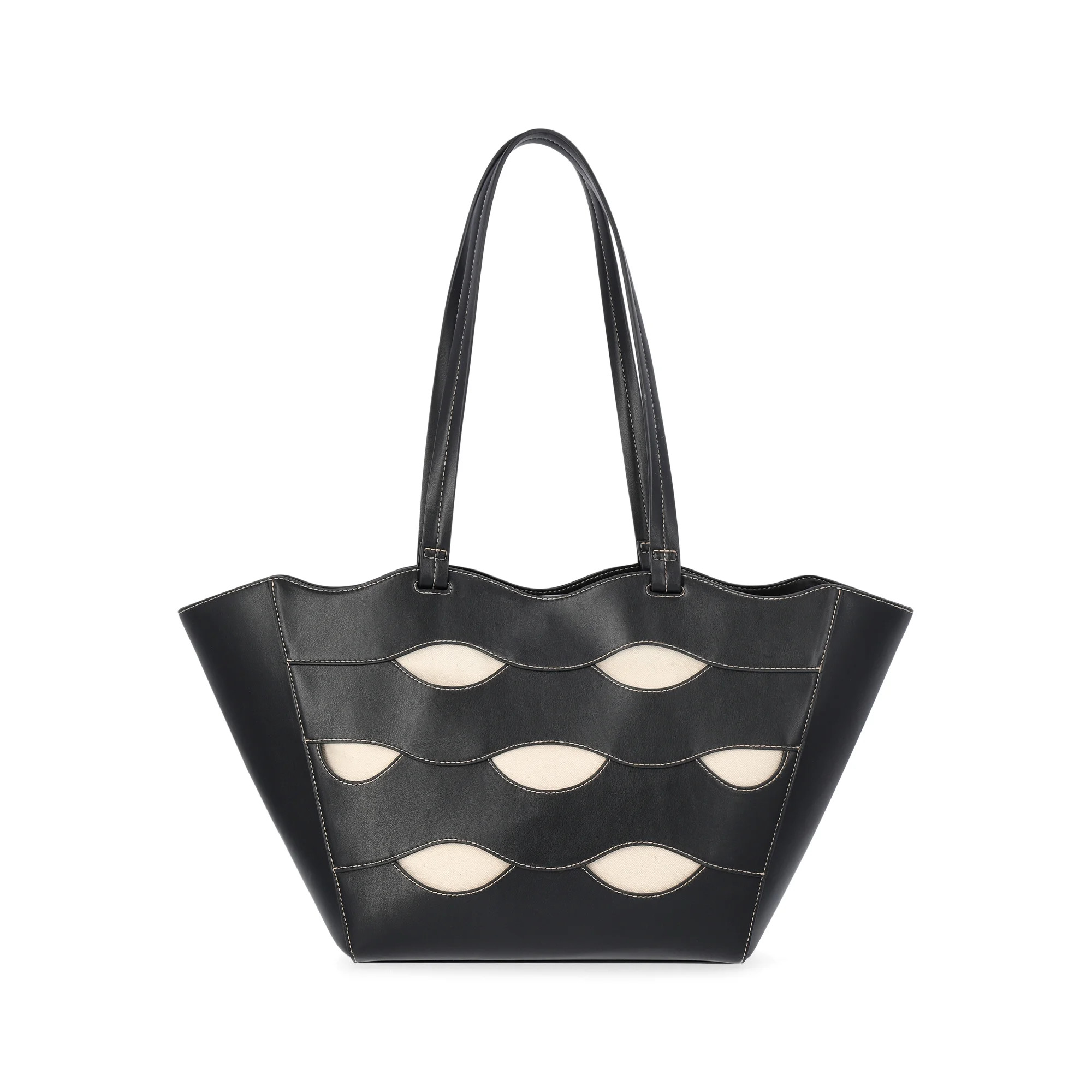 Free Assembly Women's Allegra Faux Leather Cut Out Tote Handbag, Black/Cream | Walmart (US)