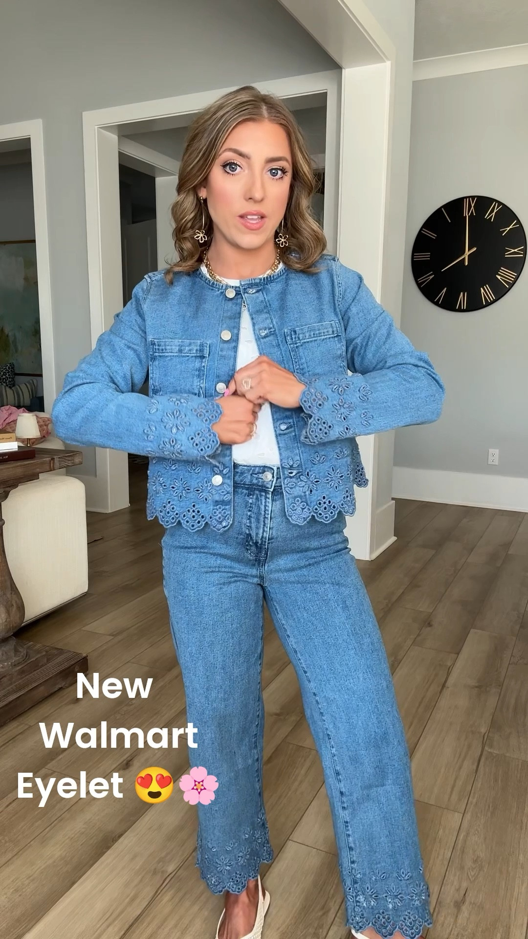 Head-to-toe Walmart denim done RIGHT 💙✨

This matching denim jacket + eyelet denim is giving elevated everyday style without the high price tag. I love the scalloped lace detail at the hem — such a feminine touch! Styled it two ways with a white textured tank and the cutest woven ballet flats.

✔️ Wide leg cropped denim
✔️ Scalloped hem detail
✔️ Lightweight spring layering jacket
✔️ Neutral woven flats that go with everything

This is the perfect spring denim outfit for school drop-off, lunch dates, or casual weekend plans. Walmart fashion is seriously stepping it up! 🙌

#WalmartFashion #WalmartStyle #DenimOutfit #SpringStyle #AffordableFashion #WideLegJeans #ScallopedDetail #EverydayStyle #WalmartFinds #MomStyle