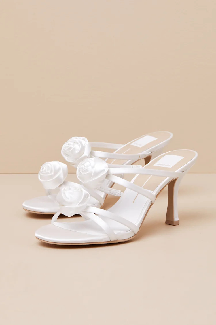 Linzy True White Satin Rosette High Heel Slide Sandals | Lulus