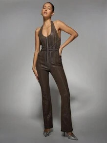 MISSGUIDED Plunge Halter Coated Denim Flare Hem Jumpsuit | SHEIN