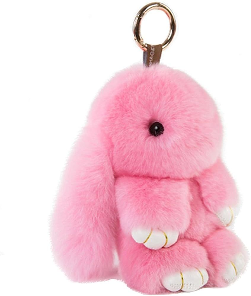 HXINFU Soft Cute Rabbit Fur Pom Pom Keychain Fluffy Real Rex Bunny Keychain Decoration | Amazon (US)