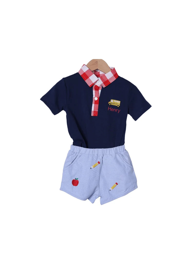 Embroidered School Days Polo Short Set | The Smocked Flamingo