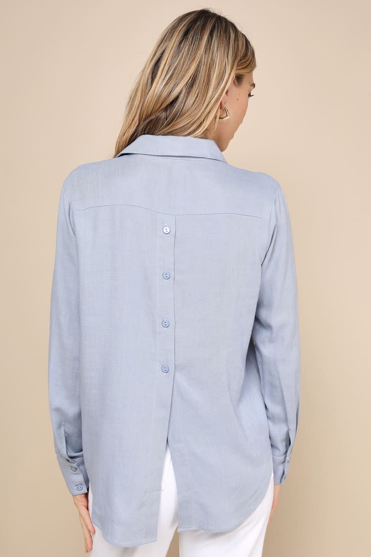 Notable Aesthetic Light Blue Linen Collared Button-Up Top | Lulus