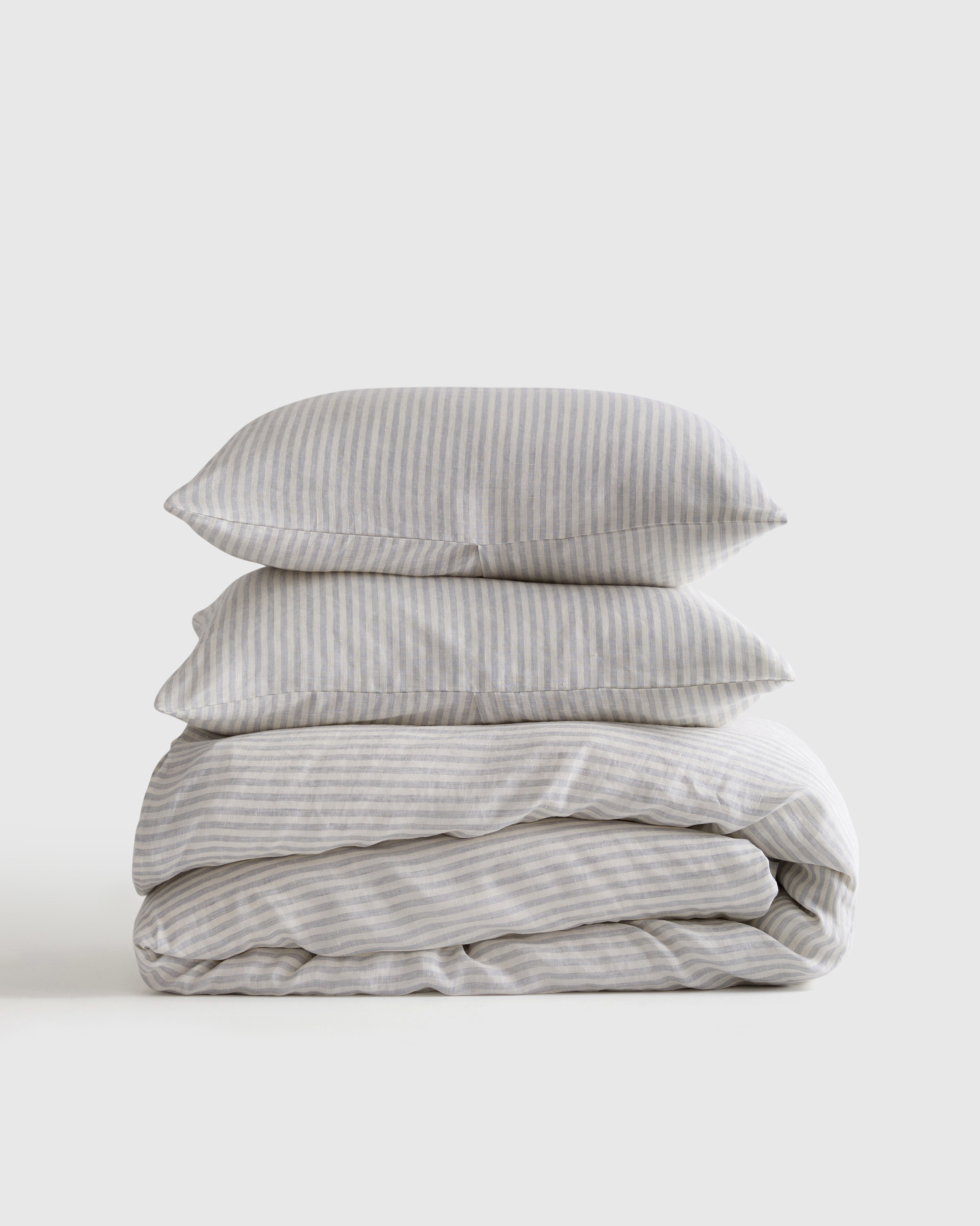 Quince | European Linen Stripe Duvet Cover Set in Mist/White, Belgian Linen, Size Twin | Quince