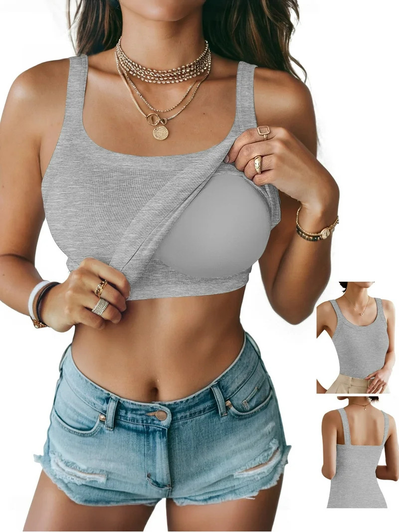 Anygrew Womens Tank Tops with Built in Shelf Bra Basic Stretchy Padded Camisole Casual Layering T... | Walmart (US)