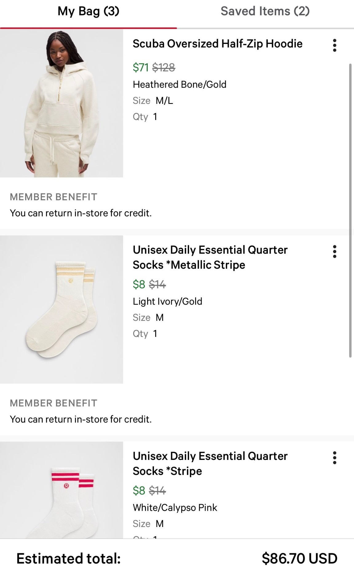 Screenshot of my Q1 lululemon order.  Reminder military gets 15% off sale items included and with our Amex I get a $75 credit.  Making this only $10

#LTKselfcare #LTKmomlife #LTKfitnessgoals