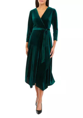 Maison Tara Women's 3/4 Sleeve Wrap Burnout Stripe Velvet Dress | Belk