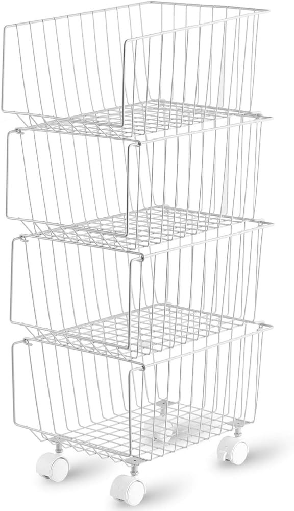 4 Tiers Stackable Rolling Bin Basket with Lockable Casters, Modern Storage Basket Utility Shelf S... | Amazon (US)