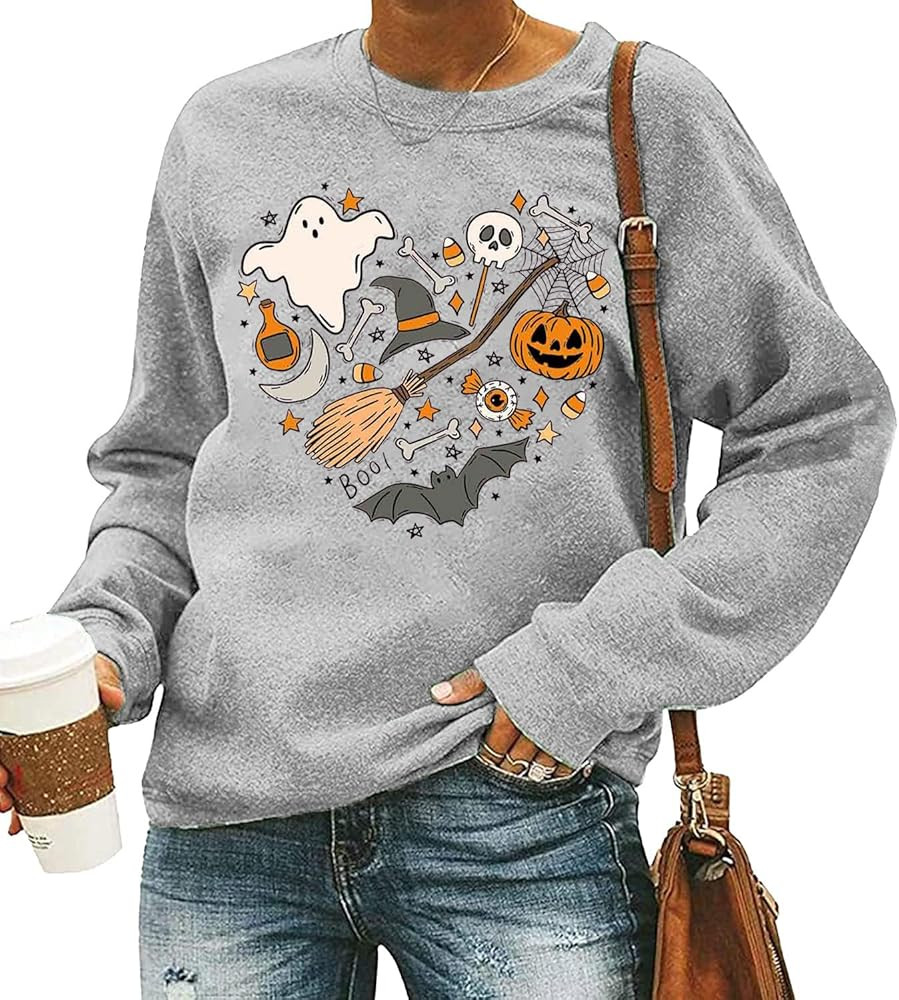 FCHICH Halloween Doodles Sweatshirt Women Cute Vintage Graphic Halloween Party Tshirt Casual Long... | Amazon (US)