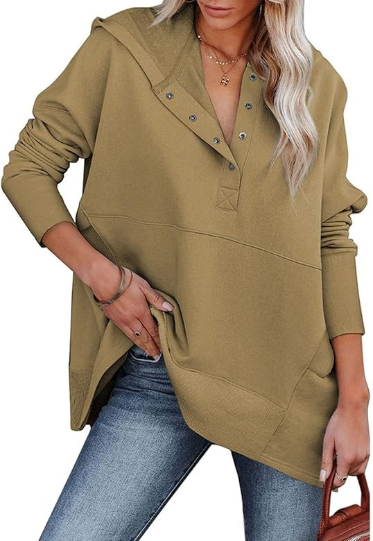 PAODIKUAI Women Casual Button Hoodies Oversized V Neck Long Sleeve Pullover Sweatshirt Hooded Top... | Amazon (US)