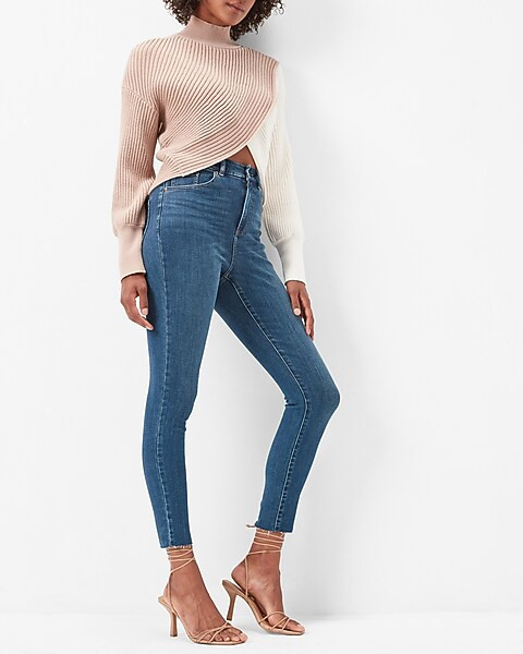 Super High Waisted FlexX Medium Wash Raw Hem Skinny Jeans | Express