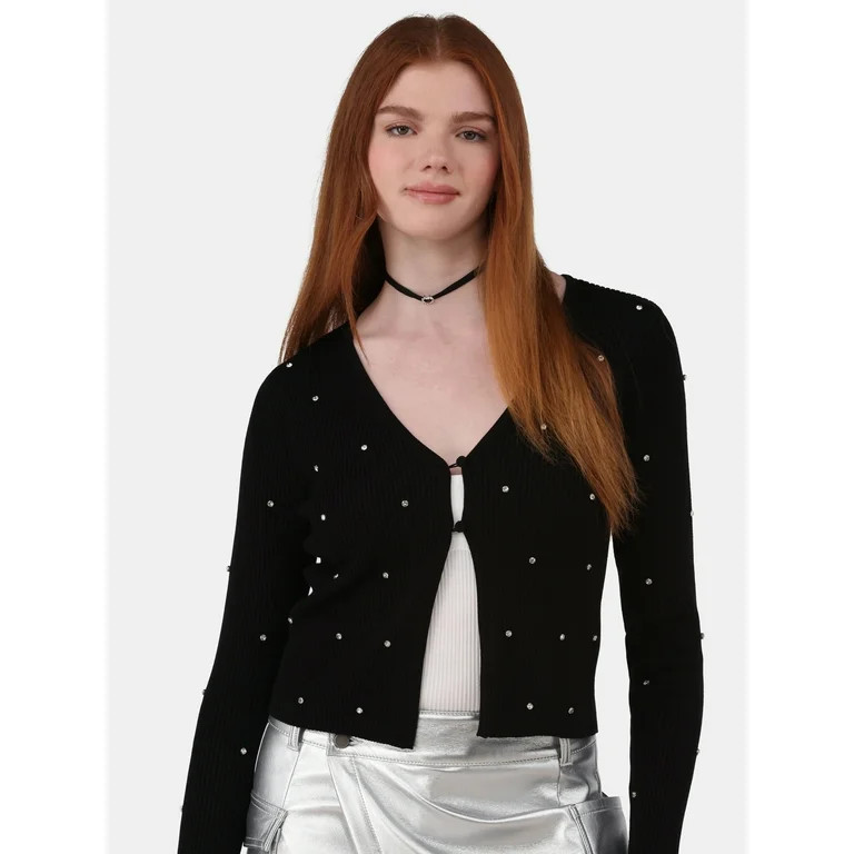 No Boundaries Ribbed Rhinestone Cardigan, Women’s and Women’s Plus | Walmart (US)
