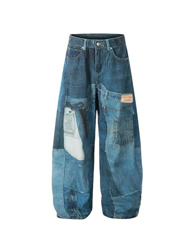 Aelfric Eden Mens Baggy Barrel Jeans Mens 3D Print Wide Leg Jeans Y2k Hip Hop Streetwear Denim Pants Blue | Amazon (US)