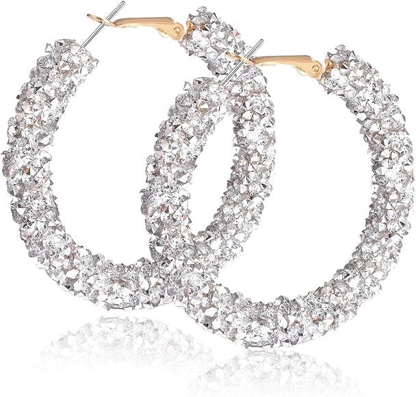 NLCAC Glitter Hoop Earrings Bohemian Sparkle Resin Rhinestone Wrapped Hoop Dangle Earrings for Wo... | Amazon (US)