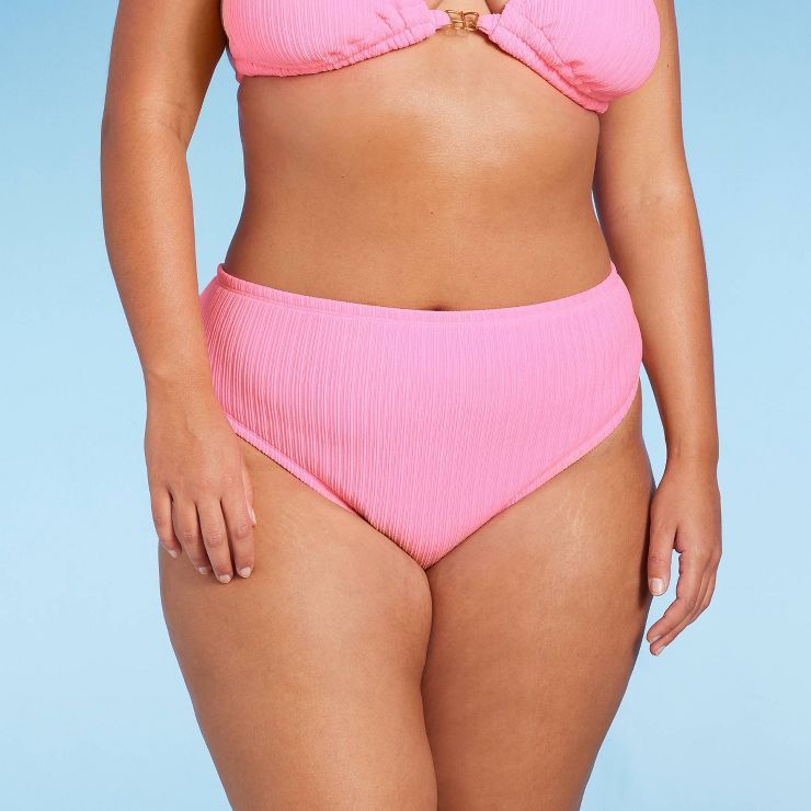 Women's Plisse Textured Mid Waist High Leg Cheeky Bikini Bottom - Wild Fable™ Pink | Target