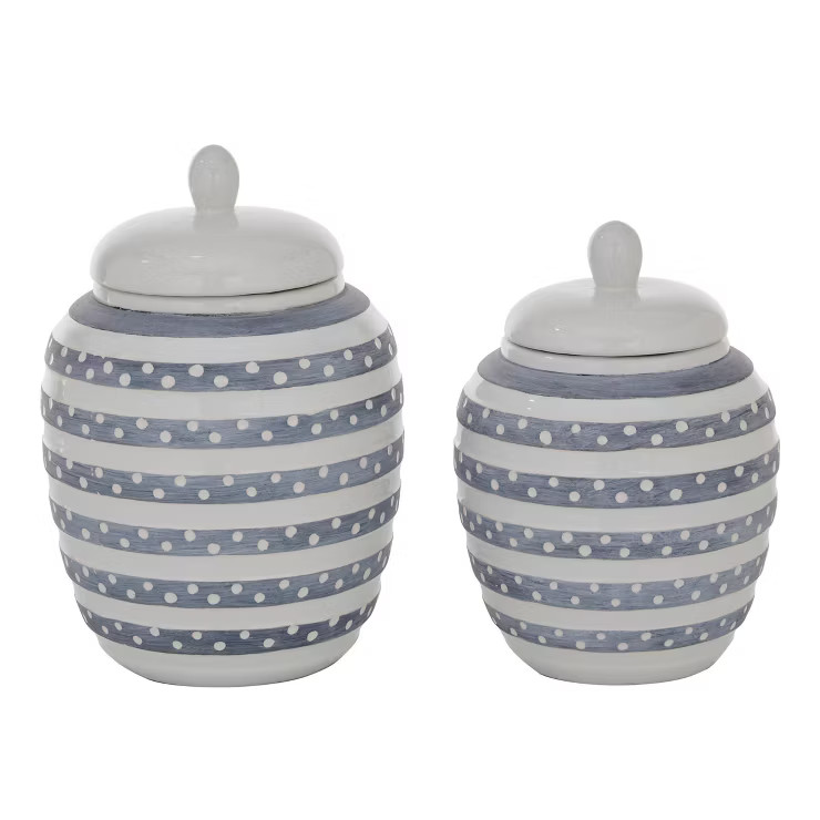 Set of 2 Round Striped Ceramic Jar with Lid White/Gray - Olivia & May | Target