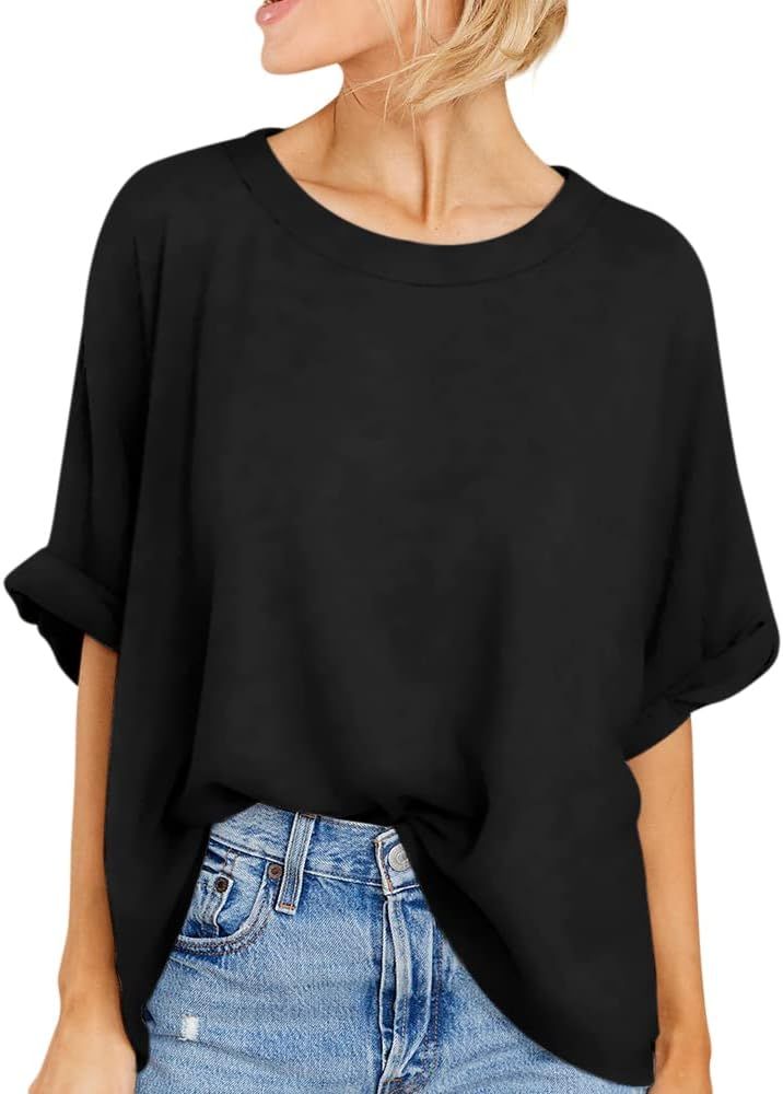 Womens Short Sleeve Oversized Tops Crewneck Summer Basic Casual Loose T-Shirt | Amazon (US)